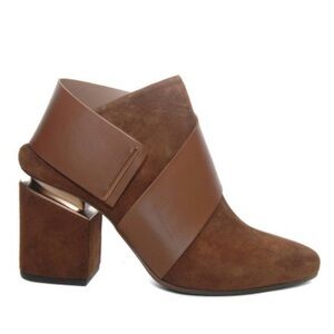 VIC MATIE Italy Brown Suede Leather Strap Booties Gold Heel EU 39.5 US 9